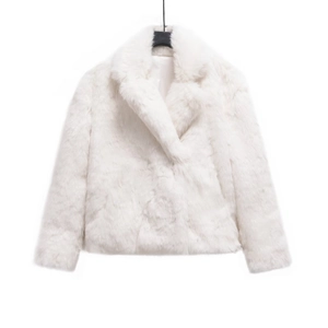 Detailed view of the soft white faux fur texture and lapel design on this fluffy winter coat