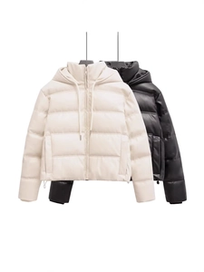 Women Fashion PU Leather Hooded Puffer Jacket Short Quilted Padded Outerwear Winter Warm Windproof Zipper Coat