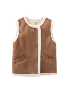 Women Casual Faux Suede Lamb Wool Vest Loose Sleeveless Round Neck Metal Button Fleece Waistcoat Pockets Fall Winter Outerwear