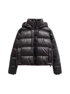 Women's short black hooded PU leather puffer jacket with matte finish and quilted design