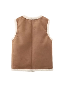 Women's autumn brown faux suede vest with plush faux shearling trim and back stitch detail