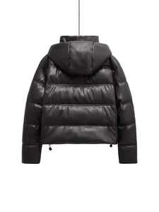 Women's black cropped hooded puffer jacket in glossy PU leather with quilted design