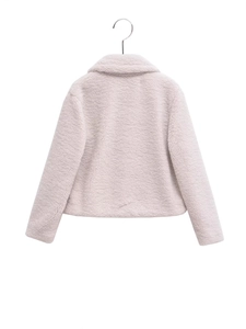 Back view of pink faux shearling fleece short jacket with a minimalist collar design