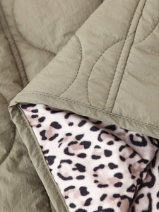 Détail de la veste matelassée vert olive avec doublure léopard contrastée et coutures
