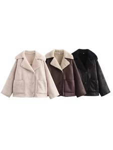 Women Casual Faux Shearling Coat Large Lapel Single Breasted Streetwear Warm Loose Fleece Jacket With Dual Pockets