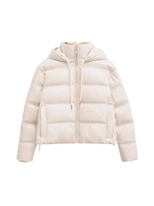 Women's short hooded puffer jacket in cream white PU leather with horizontal quilting