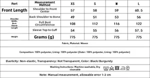 Detailed size chart for women PU leather jacket showing measurements from XS to L