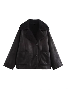Women's black faux shearling aviator jacket with oversized pockets and button closure