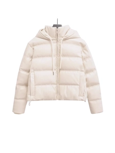 Women's cream white hooded PU leather puffer jacket with adjustable drawstring hem