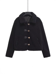 Women's black faux shearling fleece jacket with lapel and marble buttons for autumn