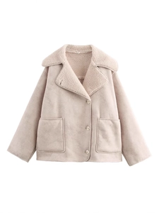Women's oversized faux shearling jacket in beige with suede finish and large lapel collar
