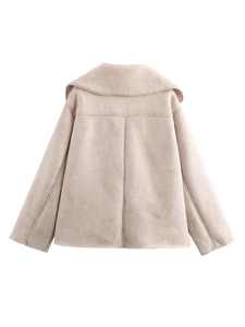 Back view of a loose oversized faux shearling jacket in pale pink suede finish