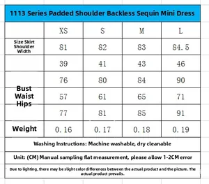 Detailed size chart for the backless sequin mini dress showing measurements in centimeters