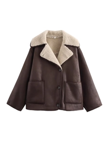Chic women's brown faux suede jacket with plush cream shearling collar and lining detail