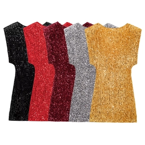 Detailed view of high-density sequin texture on five different colored party mini dresses