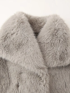 Fashionable grey faux fur coat for women with wide lapels and long plush texture
