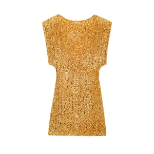 Detail of shimmering gold sequins on a backless Y2K party mini dress for women