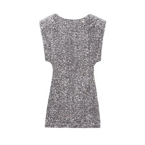 Close-up of the shimmering silver sequins on this elegant Y2K party mini dress