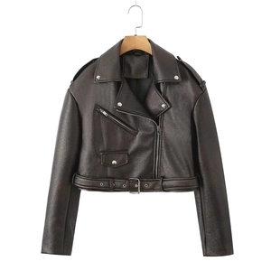 Détails du blouson moto en cuir PU marron foncé avec col et fermetures éclair argent