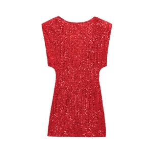 Detail of red shimmering sequins on sleeveless party dress with high density texture