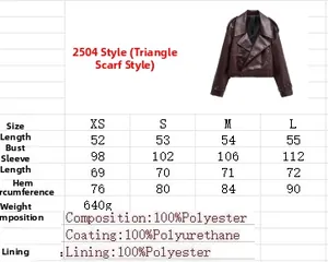 Tableau des tailles pour veste de moto vintage en cuir PU pour femme de XS à L