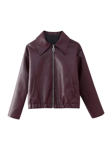 Women's burgundy PU leather jacket with lapel collar and metal zipper closure