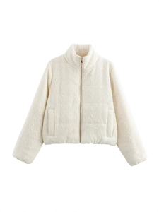 Women's Casual Cable Knit Quilted Padded Jacket Fashion Stand Collar Patchwork Long Sleeve Zip Up Warm Autumn Winter Coat