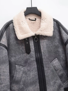Women's grey faux suede jacket with white shearling collar and metal zipper details
