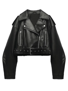 Blouson motard femme en similicuir noir, coupe courte avec revers et ceinture