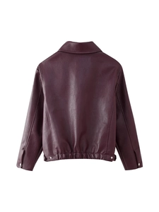 Rear view of a burgundy oversized PU leather jacket with buttoned hem and collar