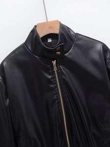 Vintage black PU leather cropped jacket with stand collar and gold zipper for women
