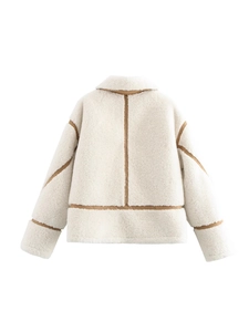 Short lamb wool jacket with brown leather trim in cream white, back view flat lay design