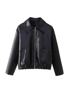 Women's 2024 minimalist black PU leather jacket with silver zipper and elastic hemline