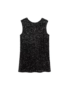 Chic black sleeveless mini dress with shimmering sequins and round neck party style