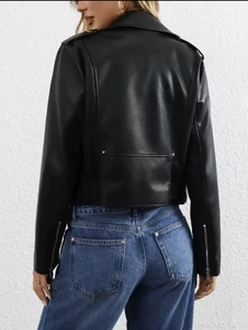 Rear view of women black faux leather biker jacket featuring epaulettes and classic zip cuffs