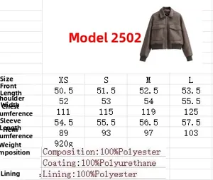 Size chart for women's PU leather biker jacket with detailed measurements and material specs