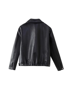 Back view of classic black PU leather jacket with elastic hem and metal buckles