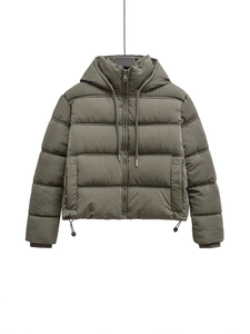 Women's short hooded quilted jacket in dark olive green with warm padding and drawstrings