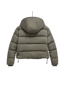 Women's olive green hooded quilted puffer jacket in a stylish short back-view design