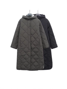 Women's Loose Mid-Length Diamond Quilted Hooded Jacket Winter Warm Padded Coat Streetwear Fashion Outerwear