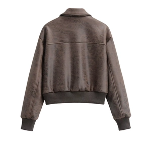 Rear view of vintage brown faux leather bomber jacket with ribbed cuffs and hem