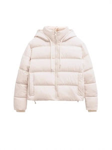 Women's minimalist hooded puffer jacket in off-white with quilted design and zip closure