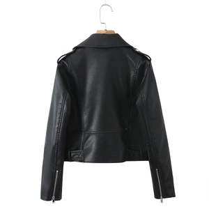 Detail view of the back of a black PU biker jacket with epaulettes and silver zippers