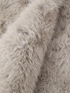 Detail shot of soft faux fur texture on a warm taupe faux fur jacket for women
