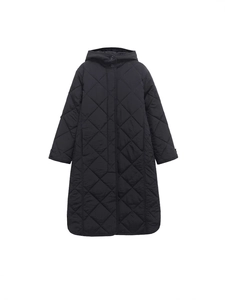 Women's black long quilted hooded coat with diamond pattern and button closure