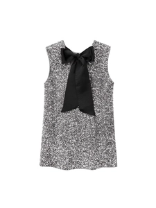 Sparkly silver sequin sleeveless party mini dress with large black bow on the back