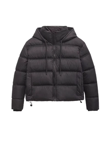 Women's black hooded puffer jacket with quilted padding and adjustable drawstring hood
