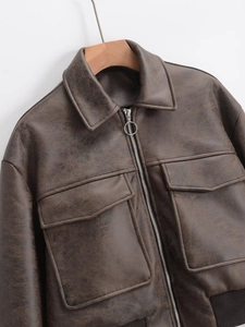 Women's dark brown PU faux leather bomber jacket with large utility pockets and ribbed hem