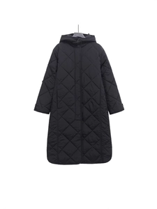 Women's black long hooded quilted coat with classic diamond stitch pattern and sleek finish