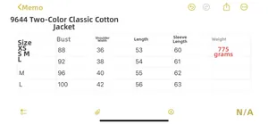 Size chart for women's winter padded jacket including bust, shoulder, and sleeve length data